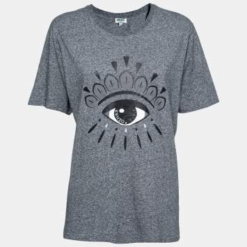 Pre Owned Kenzo Grey Eye Printed Cotton Crew Neck Tops L