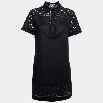 Pre Owned Kenzo Black Cotton Poplin Lace Detailed Short Sleeve Dress M