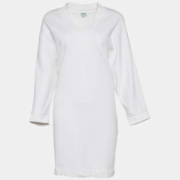 Pre Owned Kenzo White Terry Knit V Neck Sweatshirt Dress L