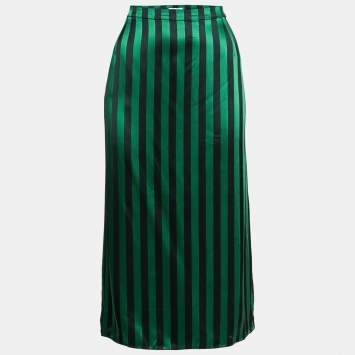 Pre Owned Kenzo Green & Black Striped Satin Midi Skirt L