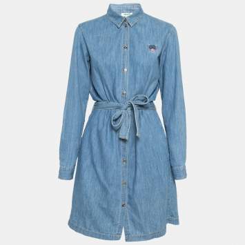 Pre Owned Kenzo Blue Washed Denim Tiger Embroidered Shirt Dress S