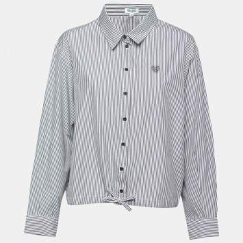 Pre Owned Kenzo Grey Striped Cotton Hem Tie Detail Button Front Shirt XL