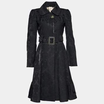 Pre Owned Kenzo Black Floral Jacquard Belted Single Breasted Coat M