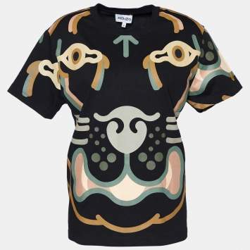 Pre Owned Kenzo Black Abstract Tiger Print Cotton Crew Neck T-Shirt M