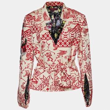 Pre Owned Kenzo Light Beige Embroidered Cotton Belted Kimono Jacket M
