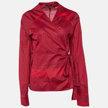 Pre Owned Kenzo Red Printed Cotton Front Tie Detail Blouse L