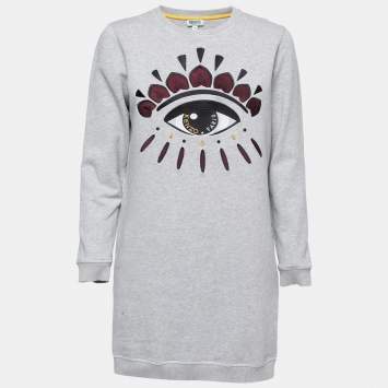 Pre Owned Kenzo Grey Cotton Knit Evil Eye Embroidered Long Sweatshirt M
