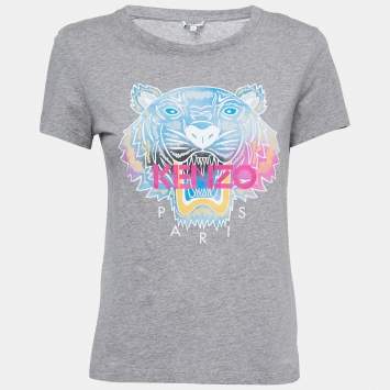Pre Owned Kenzo Grey Tiger Printed Cotton Knit Round Neck T-Shirt S