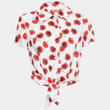 Pre Owned Kenzo White Poppy Printed Tie Front Blouse M