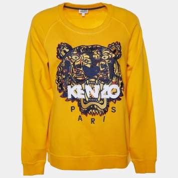 Pre Owned Kenzo Yellow Tiger Applique Embroidered Cotton Knit Sweatshirt L