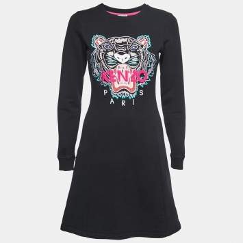 Pre Owned Kenzo Black Cotton Tiger-Motif Sweatshirt Dress S 