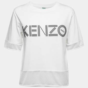 Pre Owned Kenzo White Cotton & Mesh Contrast Logo T-Shirt M
