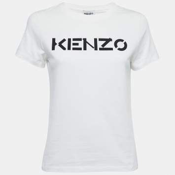Pre Owned Kenzo White Cotton Logo Print Crew Neck T Shirt S