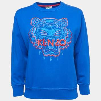 Pre Owned Kenzo Blue Cotton Tiger Motif Embroidered Sweatshirt XS