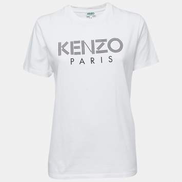 Pre Owned Kenzo White Cotton Logo Print Crew Neck T Shirt S