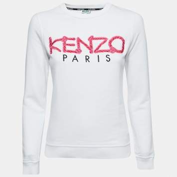 Pre Owned Kenzo White Cotton Logo Embroidered Sweatshirt XS