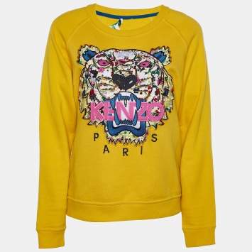 Pre Owned Kenzo Yellow Tiger Applique Cotton Knit Sweatshirt M