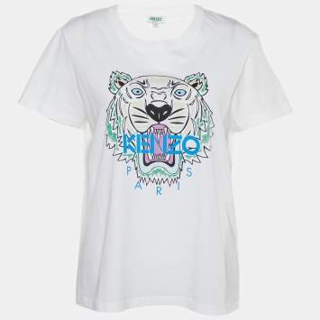 Pre Owned Kenzo White Tiger Print Cotton Crew Neck T-Shirt L