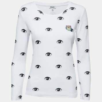Pre Owned Kenzo White Eye Print Cotton Long Sleeve T-Shirt M