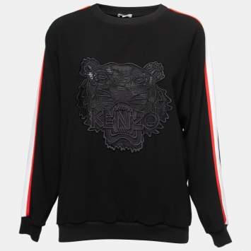 Pre Owned Kenzo Black Tiger Embroidered Crepe Striped Sleeve Sweatshirt S