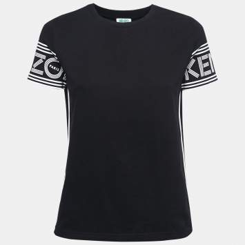Pre Owned Kenzo Black Contrast Logo Print Cotton Crew Neck T-Shirt XS