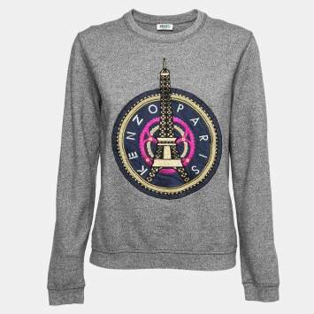 Pre Owned Kenzo Grey Cotton Knit Eiffel Tower Embroidered Sweatshirt M