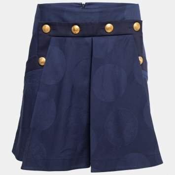 Pre Owned Kenzo Blue Jacquard Cotton Button Embellished Pleated Mini Skirt M