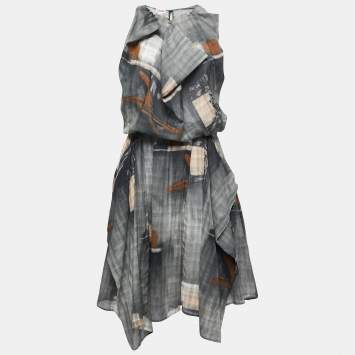 Pre Owned Kenzo Grey Abstract Printed Gauze Draped Asymmetrical Midi Dress M