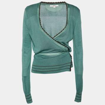 Pre Owned Kenzo Light Green Silk & Cashmere Knit Wrap Cardigan L