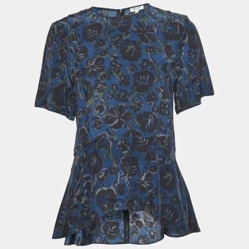 Pre Owned Kenzo Navy  Blue Floral Printed Silk Asymmetrical Peplum Top M