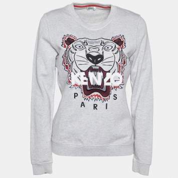 Pre Owned Kenzo Light Grey Tiger Embroidered Cotton Crewneck Sweatshirt M