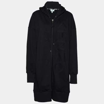 Pre Owned Kenzo Black Logo Embroidered Cotton Knit Hooded Coat L