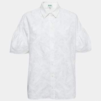 Pre Owned Kenzo White Floral Embroidered Cotton Short Sleeve Shirt XL