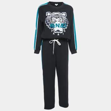 Pre Owned Kenzo Black Crepe Tiger Motif Track Top & Pants M