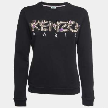 Pre Owned Kenzo Black Logo Embroidered Cotton Crew Neck Sweatshirt S