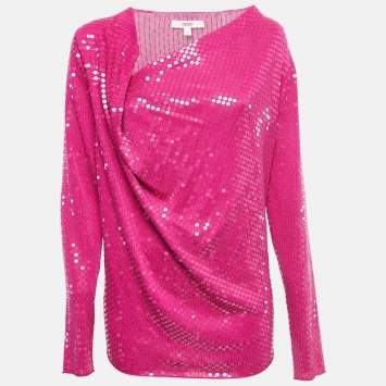 Pre Owned Kenzo Pink Sequin Embellished Silk Knit Draped Long Sleeve Tunic L