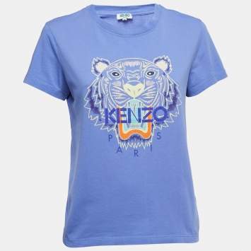 Pre Owned Kenzo Purple Logo Print Cotton Crew Neck Half Sleeve T-Shirt M