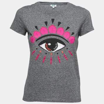 Pre Owned Kenzo Grey Eye Printed Cotton Crew Neck Half Sleeve T-Shirt XS