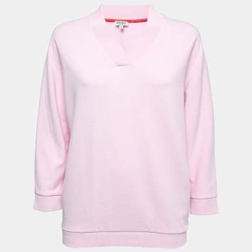Pre Owned Kenzo Pink Logo Print Cotton Knit V-Neck Sweatshirt S
