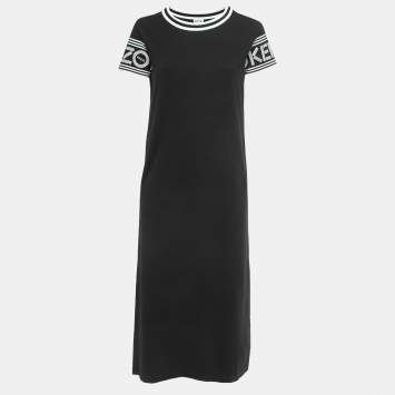 Pre Owned Kenzo Black Cotton Knit Logo Printed Sleeve Midi Dress XS