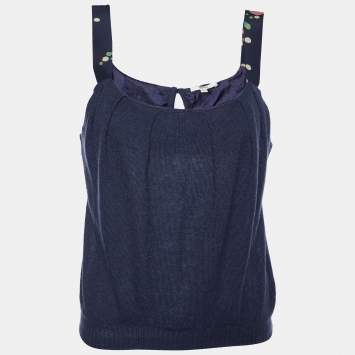 Pre Owned Kenzo Navy Blue Alpaca Knit & Silk Sleeve Tank Top L