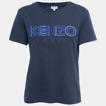 Pre Owned Kenzo Navy Blue Logo Embroidered Cotton Crew Neck T-Shirt L