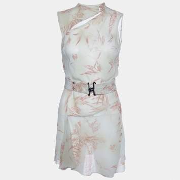 Pre Owned Kenzo Green Leaf Printed Chiffon Belted Mini Dress S