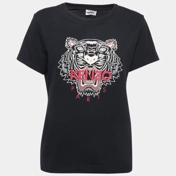 Pre Owned Kenzo Black Tiger Printed Cotton Knit T-Shirt M