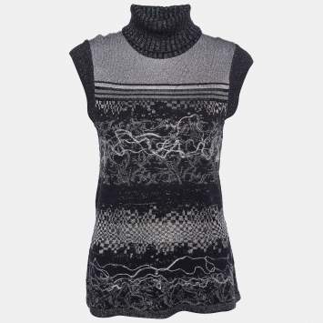 Pre Owned Kenzo Black Intarsia Lurex Knit Sleeveless Turtleneck Sweater L