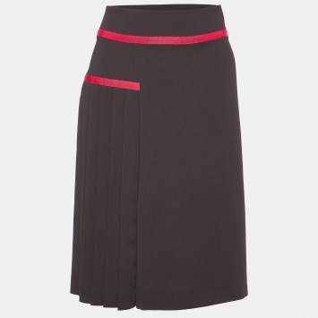Pre Owned Kenzo Brown Pleated Polyester Contrast Detail Mini Skirt M