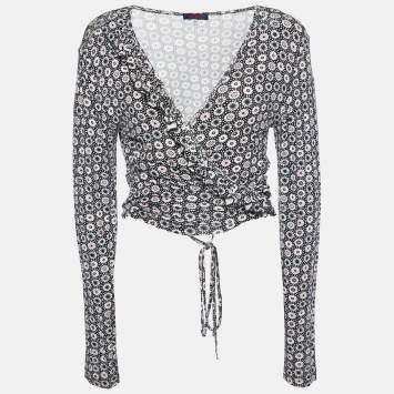 Pre Owned Kenzo Black Printed Knit Wrap Tie Shrug M