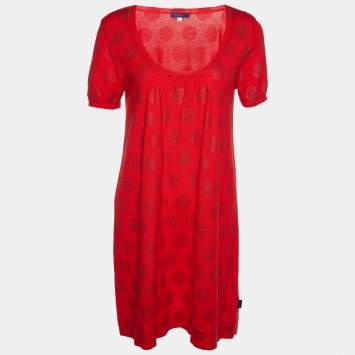 Pre Owned Kenzo Red Lurex Polka Cotton Knit Mini Dress L