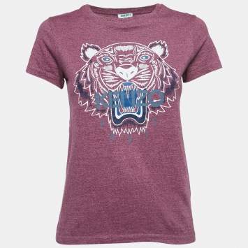 Pre Owned Kenzo Purple Logo Tiger Print Cotton Short Sleeve T-Shirt XS