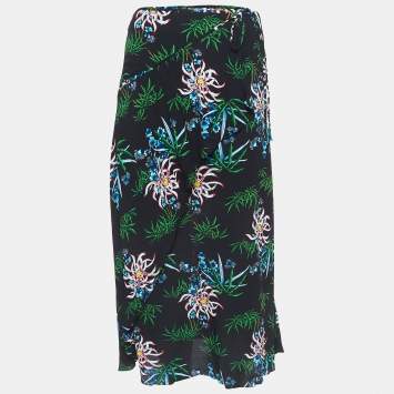 Pre Owned Kenzo Black Printed Crepe Wrap Effect Midi Skirt M